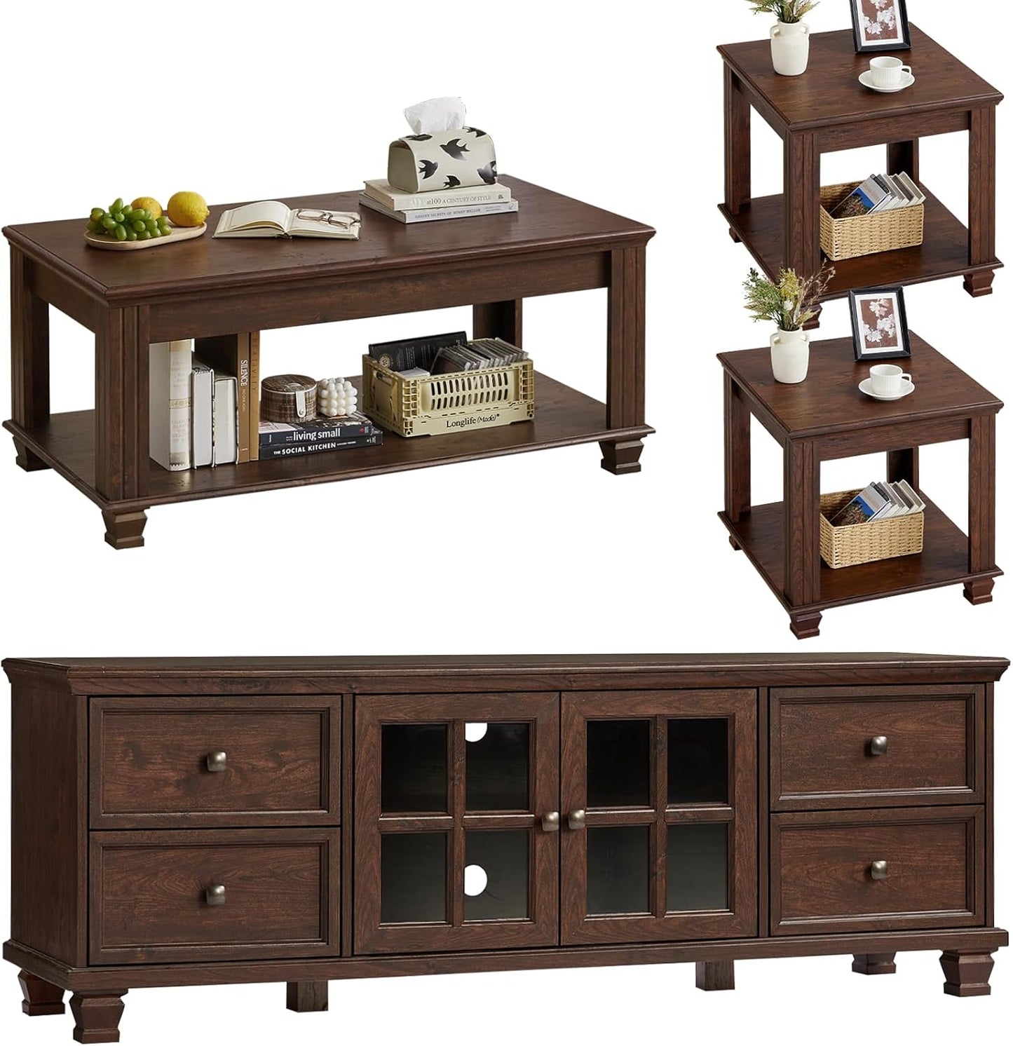 Farmhouse TV Stand and Coffee Table Set 4, Rustic Wood Living Room Table Set with TV Console, Center Table, End Table Set of 2 for Living Room, Walnut