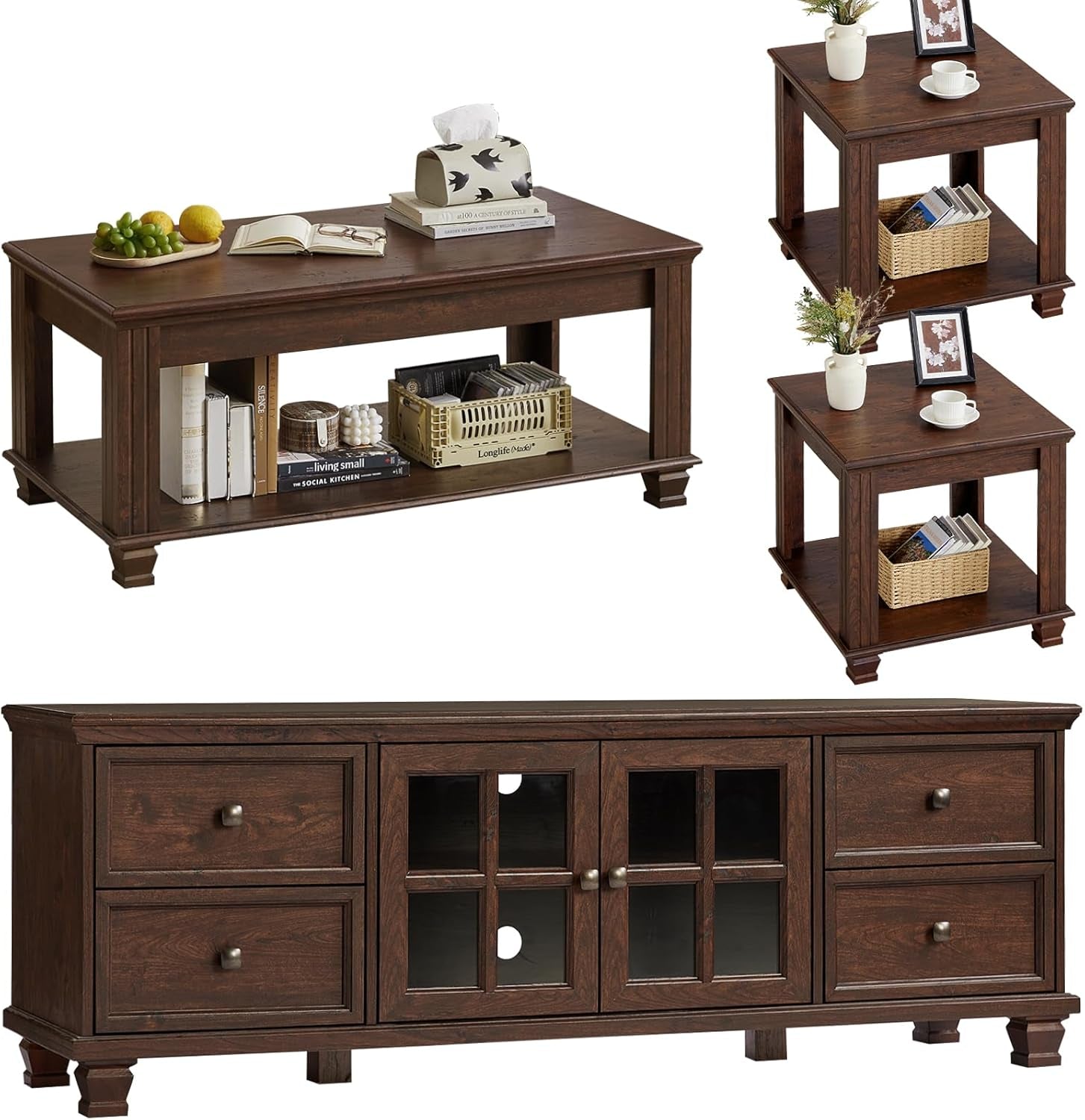 Farmhouse TV Stand and Coffee Table Set 4, Rustic Wood Living Room Table Set with TV Console, Center Table, End Table Set of 2 for Living Room, Walnut