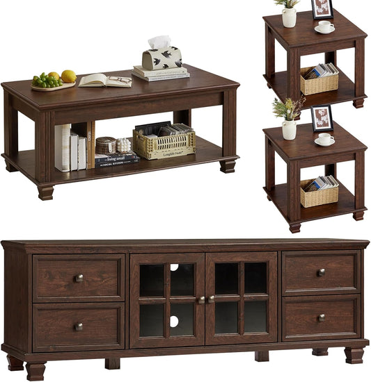 Farmhouse TV Stand and Coffee Table Set 4, Rustic Wood Living Room Table Set with TV Console, Center Table, End Table Set of 2 for Living Room, Walnut