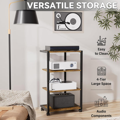 AV Media Stand with Wheels, 4-Tier Game Console Shelf, Rolling Media Cart for Small Space, Stereo Racks and Stands, Ideal for Record Player, Game Console, DVD Player, and Projector, Wood