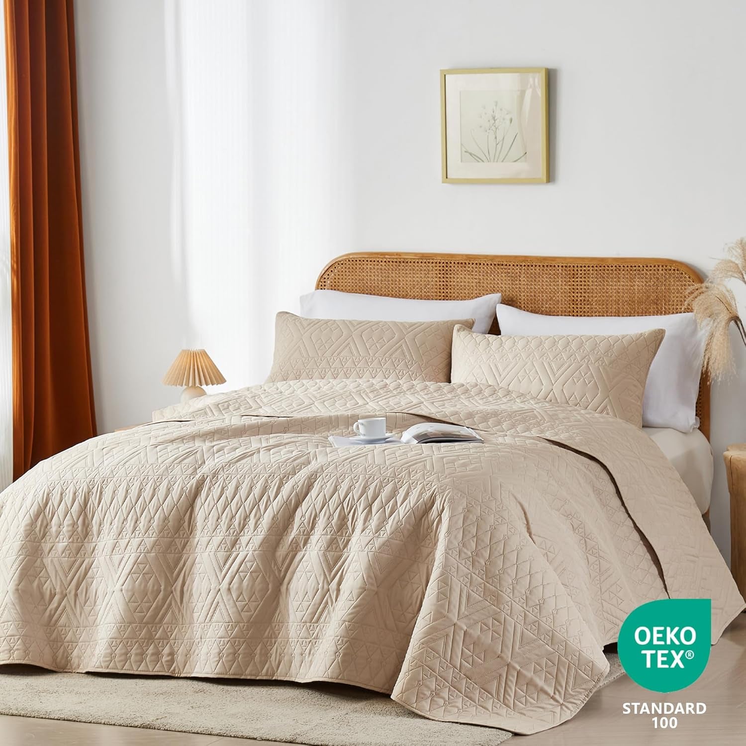 King/Cal King Size Quilt Bedding Set,Beige Lightweight Microfiber Soft Bedspread,Modern Style Geometric Pattern Coverlet Set for All Seasons,3 Piece(1 Quilt,2 Pillow Shams)