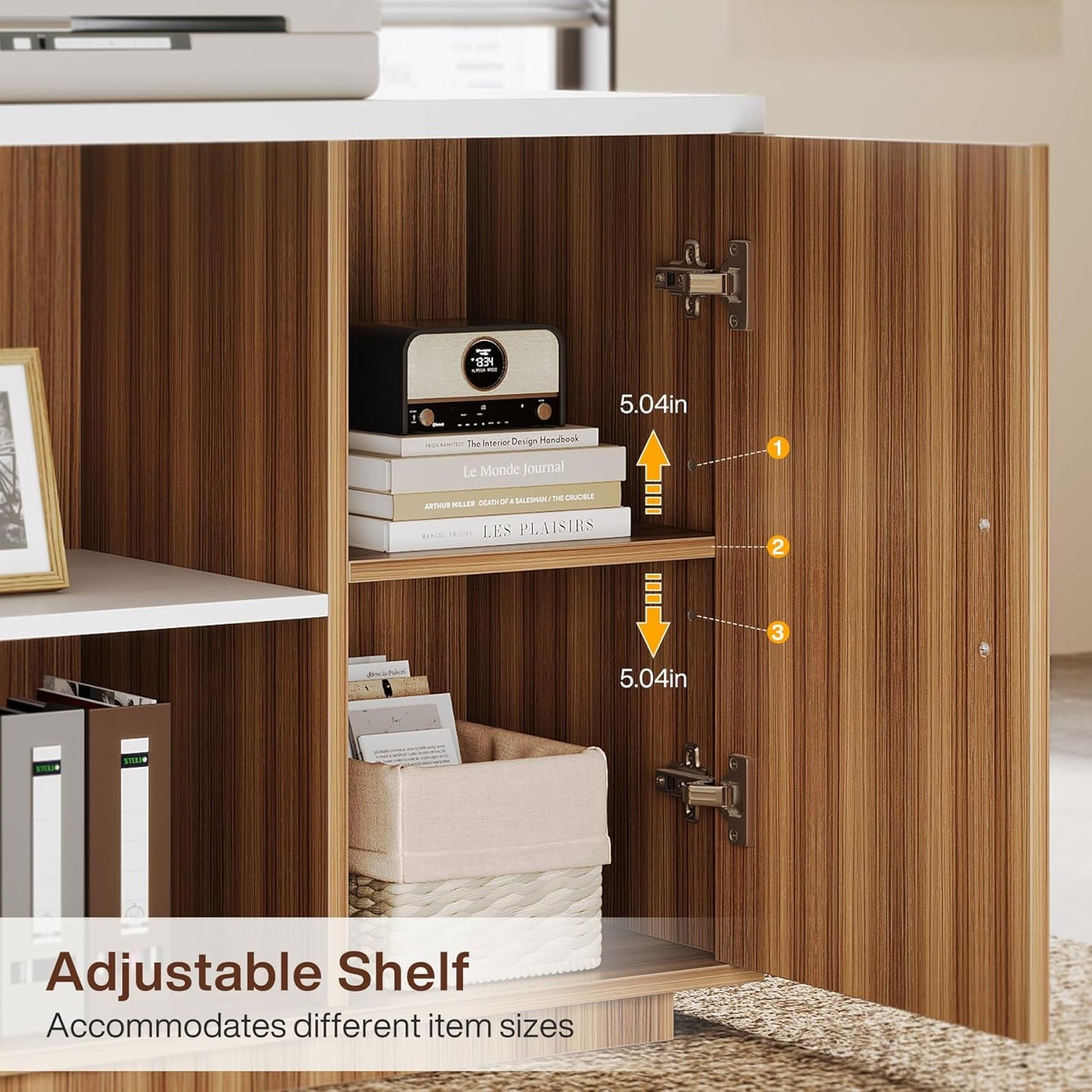 85.8-Inch L-Shaped Executive Desk with File Drawers, Door Cabinet & Shelves, Extra Large Commercial Office Desk, Modern Professional Office Table, White & Brown Business Furniture