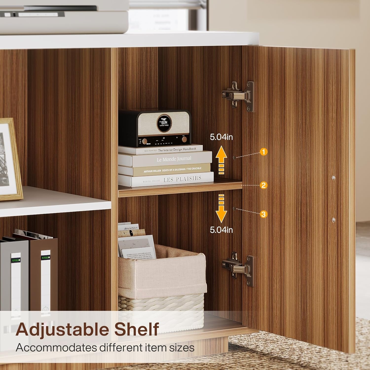 85.8-Inch L-Shaped Executive Desk with File Drawers, Door Cabinet & Shelves, Extra Large Commercial Office Desk, Modern Professional Office Table, White & Brown Business Furniture
