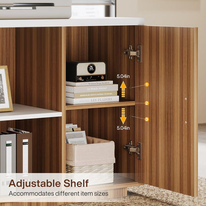 85.8-Inch L-Shaped Executive Desk with File Drawers, Door Cabinet & Shelves, Extra Large Commercial Office Desk, Modern Professional Office Table, White & Brown Business Furniture