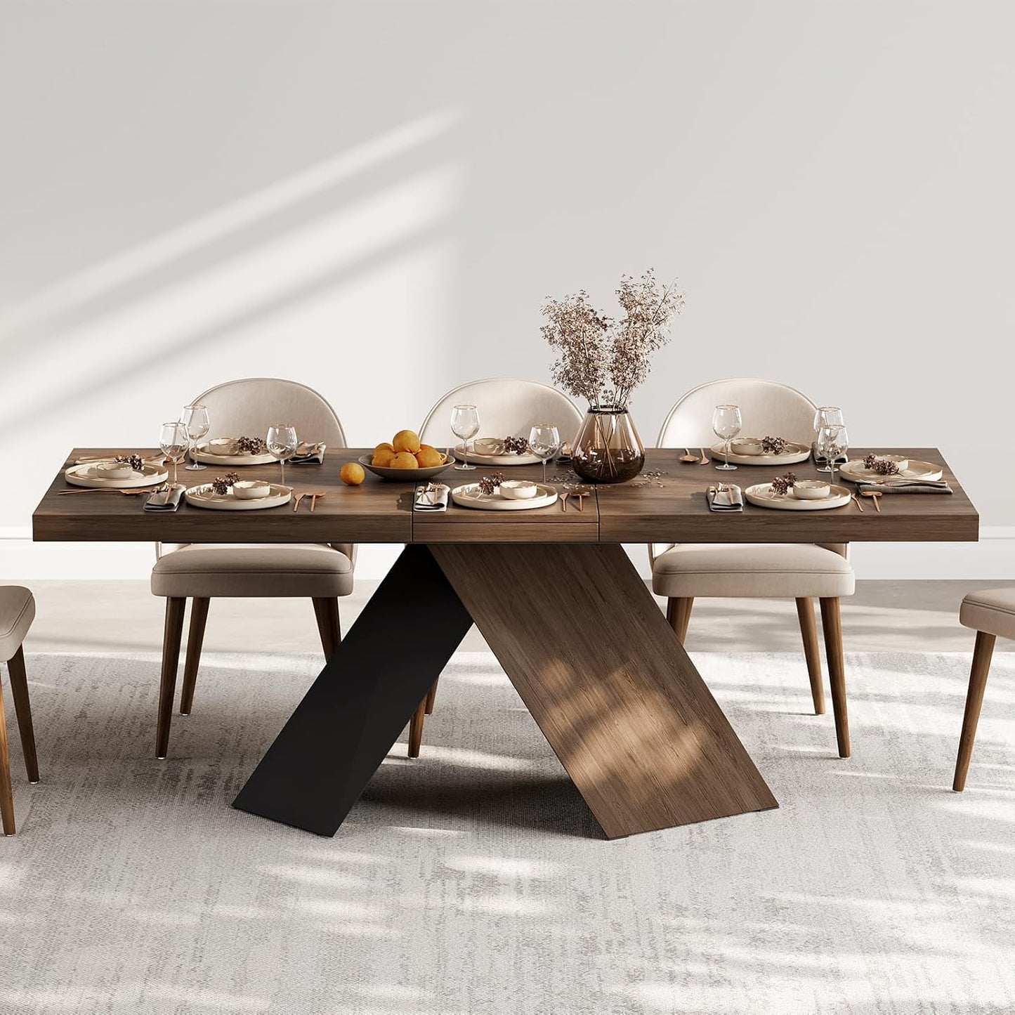 Extendable Dining Table with Walnut Finish, Modern Rectangle Kitchen Table W/Pedestal Base, Seats 6-8 (Walnut, 63"-79" (Seats 6-8))