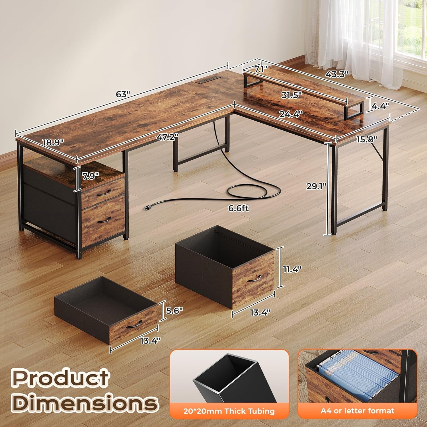 63 Inch L Shaped Desk with Power Outlets and USB-C Port, Computer Corner Home Office Desk with File Fabric Drawers and Movable Monitor Stand, Larger Storage, Gaming, Writing, Rustic Brown