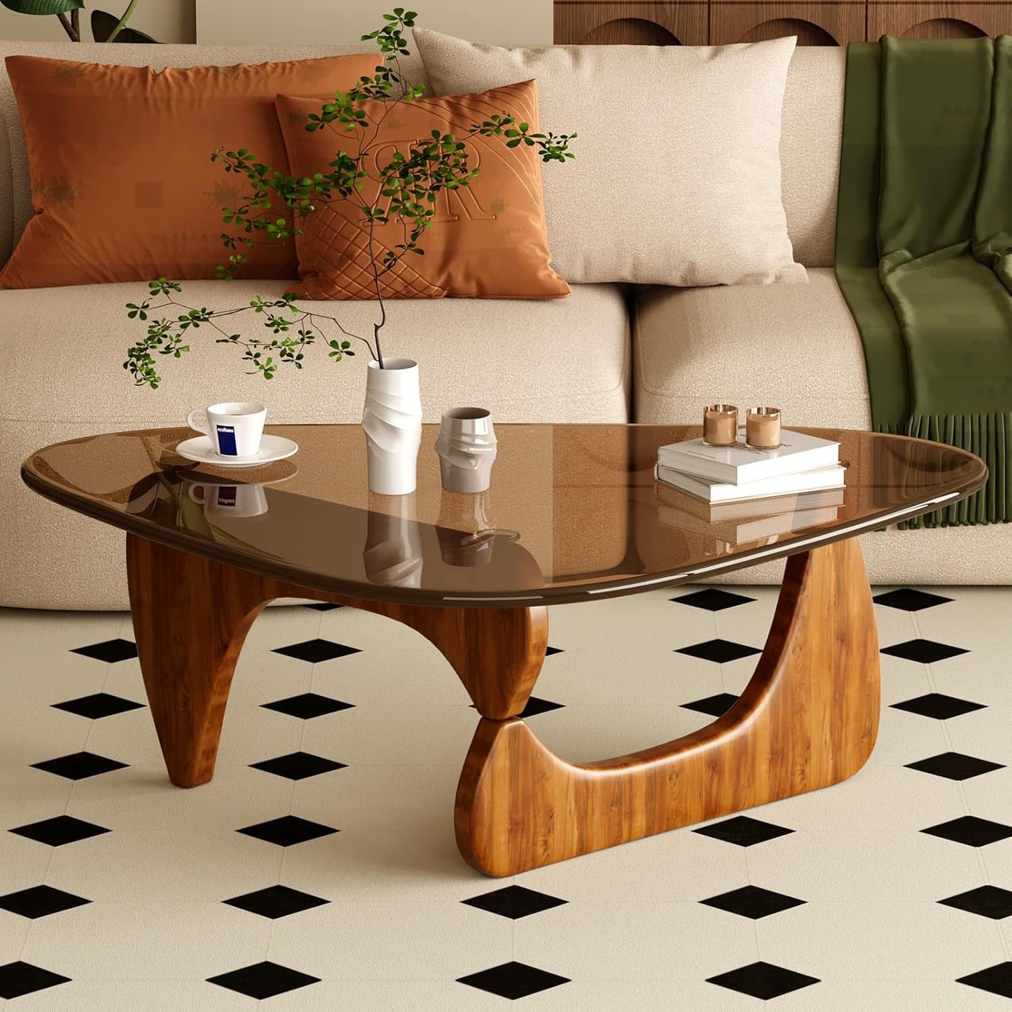 Coffee Table for Living Room Mid Century Modern Center Table with Glass Top and Wood, Brown/Walnut