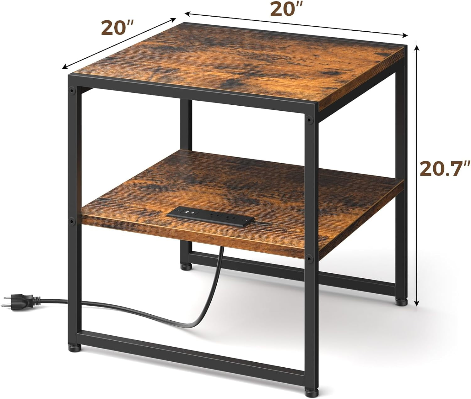 20" End Table with Charging Station, Industrial Square Side Table with USB Ports & Outlets, Versatile 2-Tier Small Nightstand for Bedroom Living Room, Rustic Brown