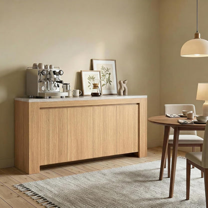 Buffet Cabinet with Storage, 63" Sideboard Buffet Accent Cabinet with Faux Marble Top & 4 Doors, Modern Buffet Table Credenza Cabinets for Living Room, Dining Room, Kitchen（Natural Oak）