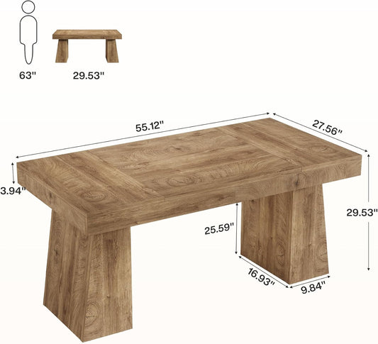 55-Inch Executive Desk, Thick Wood Office Computer Desk with Double Pedestal, Modern Minimalist Workstations Writing Table Conference Table Furniture for Home Office, Light Brown