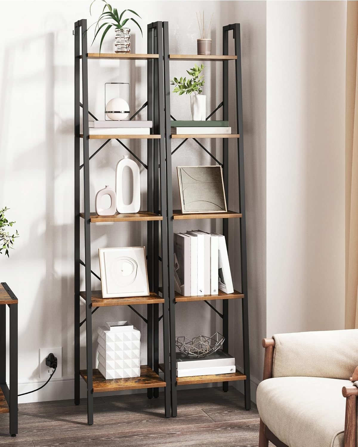 Ladder Shelf, Bookshelf Bookcase, Freestanding Corner Storage Shelve with 2 Hooks for Home Office, Living Room, Kitchen, Bedroom, Industrial, 11.8" D X 13.4" W X 63" H, Rustic Brown BC03201B