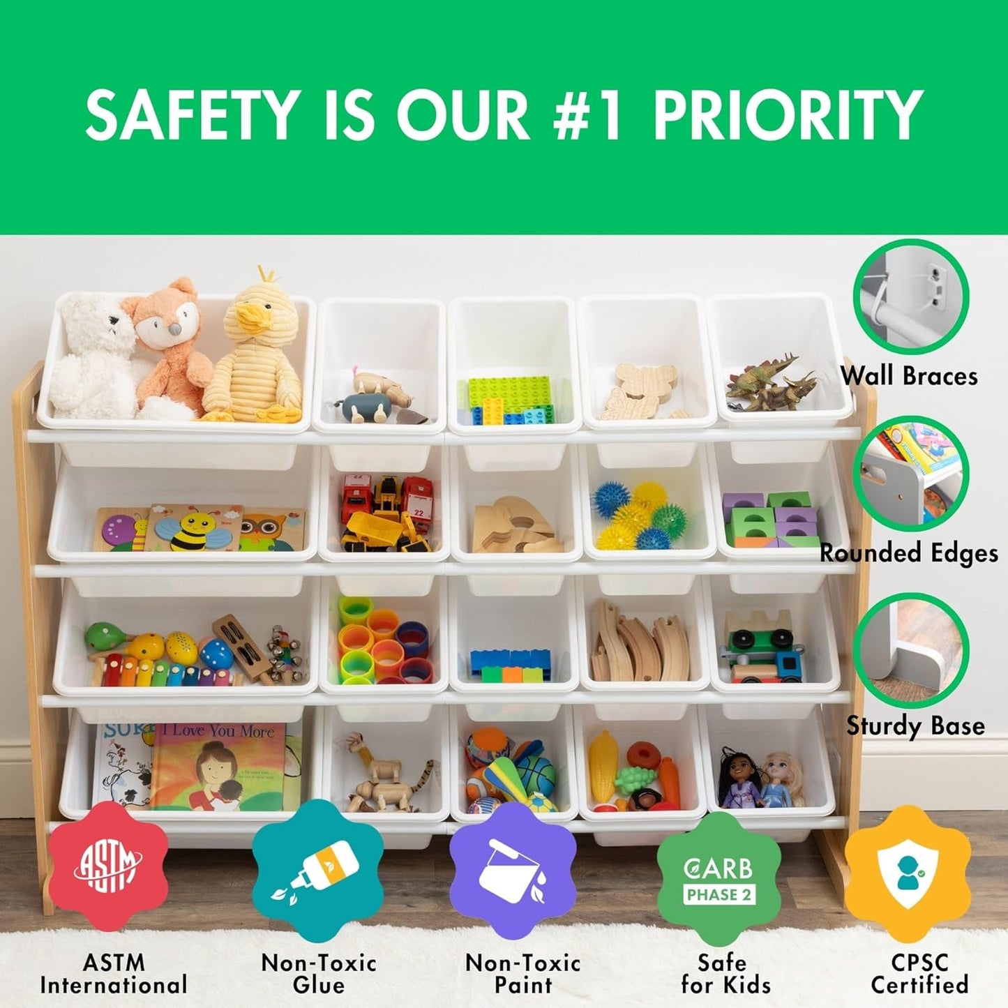 Extra-Large Toy Organizer with 20 Plastic Bins – Natural/White Storage Rack with 4-Tier Shelves, Anti-Tip Safety, for Kids’ Rooms, Playrooms, Nurseries & Classrooms