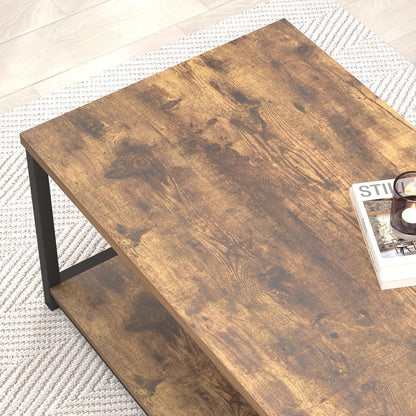Modern Coffee Table, Industrial Metal and Wood Living Room Table with Storage Shelf, Rustic Brown
