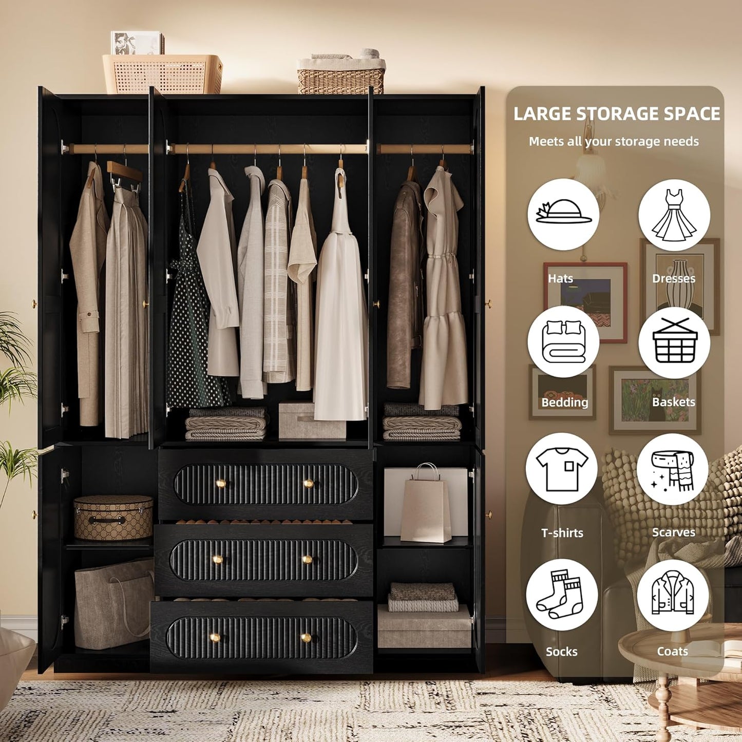 4 Doors Freestanding Armoire Wardrobe Closet, 72" Black Wardrobe Armoire Wooden Closet Large Capacity Storage with 3 Drawers & 3 Hanging Rod Shelves Clothes Organizer