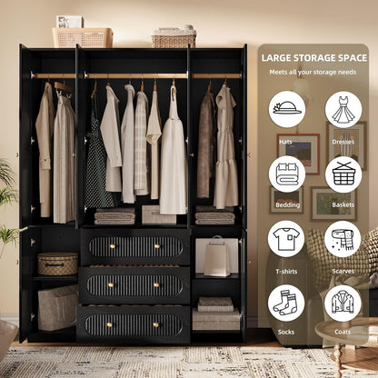 4 Doors Freestanding Armoire Wardrobe Closet, 72" Black Wardrobe Armoire Wooden Closet Large Capacity Storage with 3 Drawers & 3 Hanging Rod Shelves Clothes Organizer