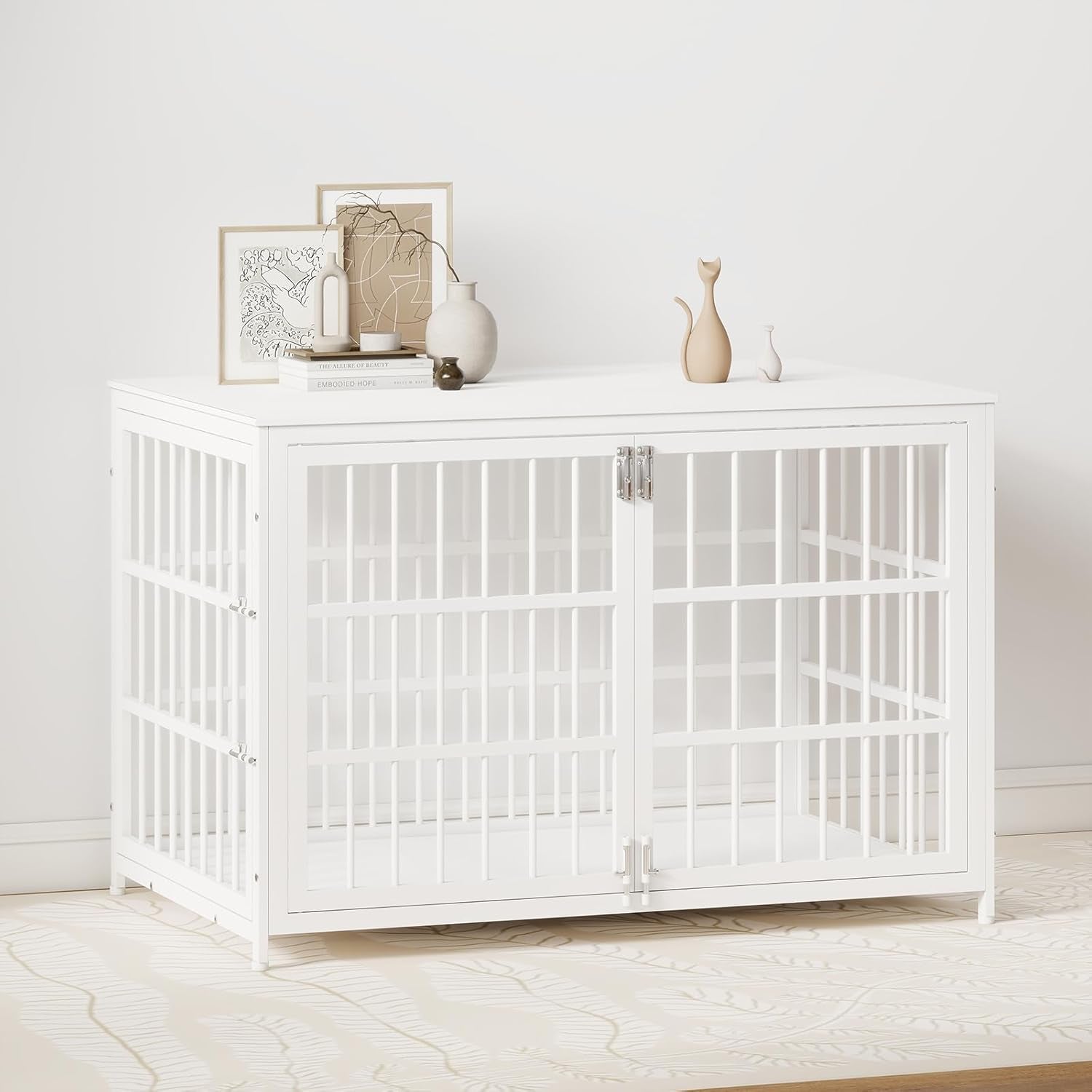 42 Inch Dog Crate End Table, Heavy Duty Furniture Kennel for Medium Dogs with Multiple Secure Locks, Decorative Wooden Pet Cage, White