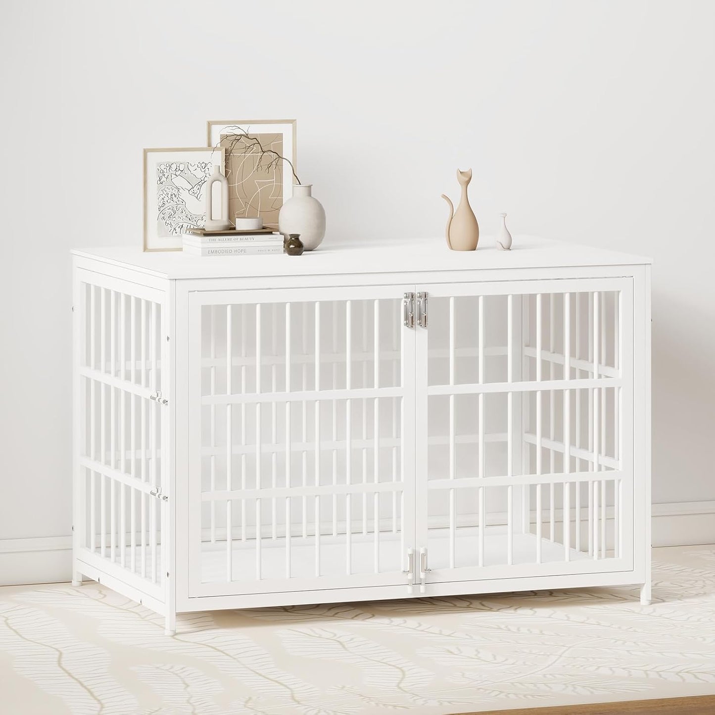 48 Inch Large Dog Crate End Table, Heavy Duty Furniture Kennel for Medium & Large Dogs with Multiple Locks, Wooden Pet Cage, White