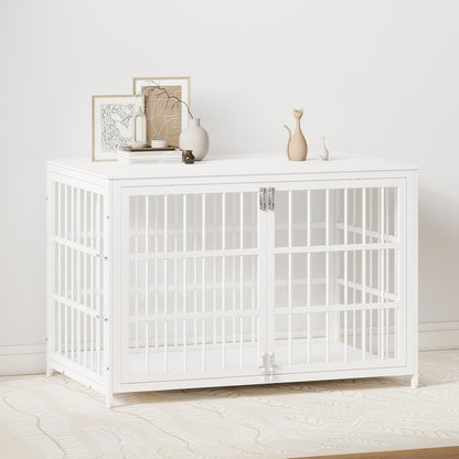 48 Inch Large Dog Crate End Table, Heavy Duty Furniture Kennel for Medium & Large Dogs with Multiple Locks, Wooden Pet Cage, White