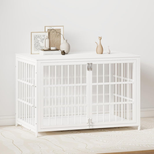 48 Inch Large Dog Crate End Table, Heavy Duty Furniture Kennel for Medium & Large Dogs with Multiple Locks, Wooden Pet Cage, White