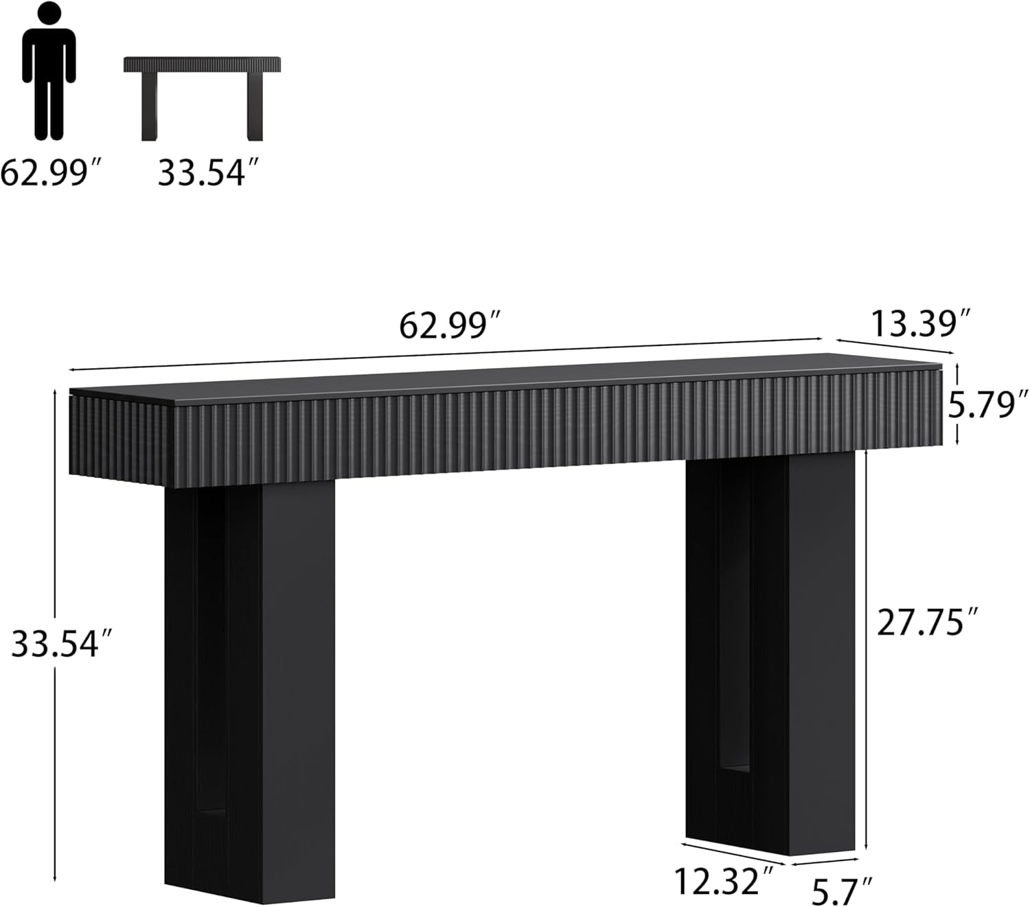 Farmhouse Entryway Table, 63" Long Fluted Console Table, Rustic Wooden Rectangular Sofa Table behind Couch, Modern Narrow Entry Table for Entrance, Hallway and Living Room, Modern Black