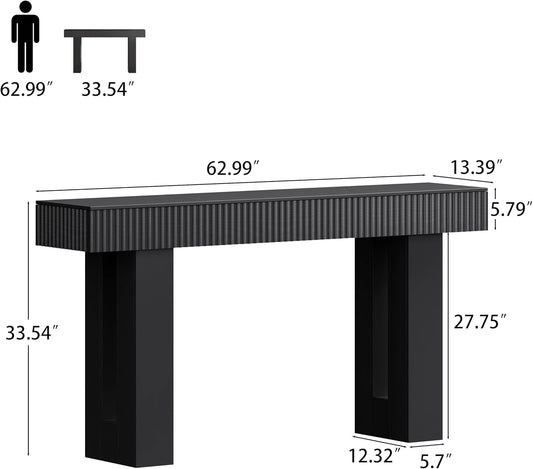 Farmhouse Entryway Table, 63" Long Fluted Console Table, Rustic Wooden Rectangular Sofa Table behind Couch, Modern Narrow Entry Table for Entrance, Hallway and Living Room, Modern Black
