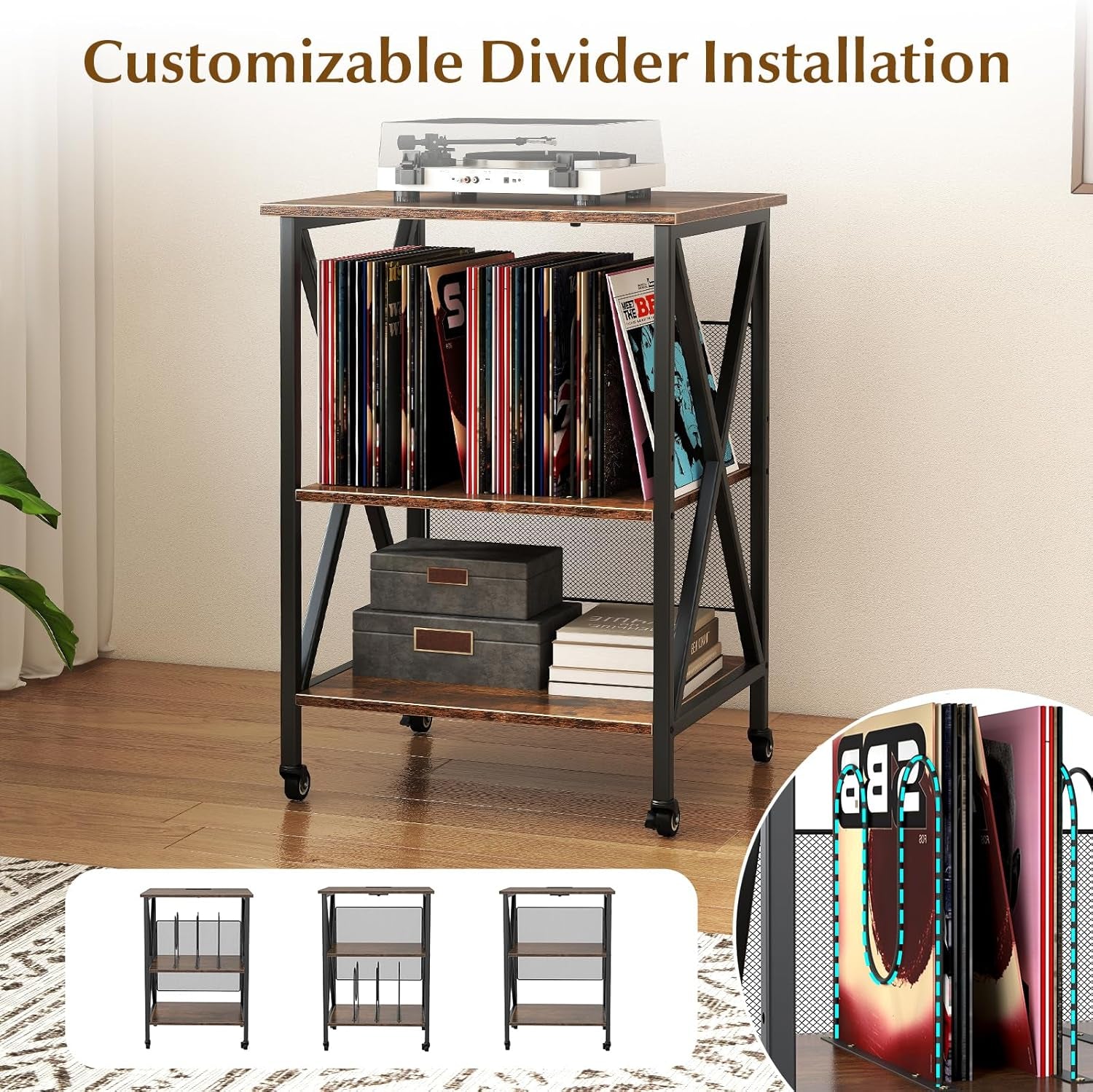 Record Player Stand with Charging Station, Turntable Stand with Adjustable Shelf, 4 Rolling Wheels, 3-Tier End Table Vinyl Record Storage Table for Living Room, Bedroom, Rustic Brown