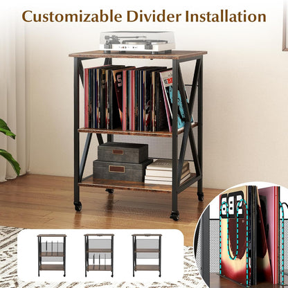 Record Player Stand with Charging Station, Turntable Stand with Adjustable Shelf, 4 Rolling Wheels, 3-Tier End Table Vinyl Record Storage Table for Living Room, Bedroom, Rustic Brown