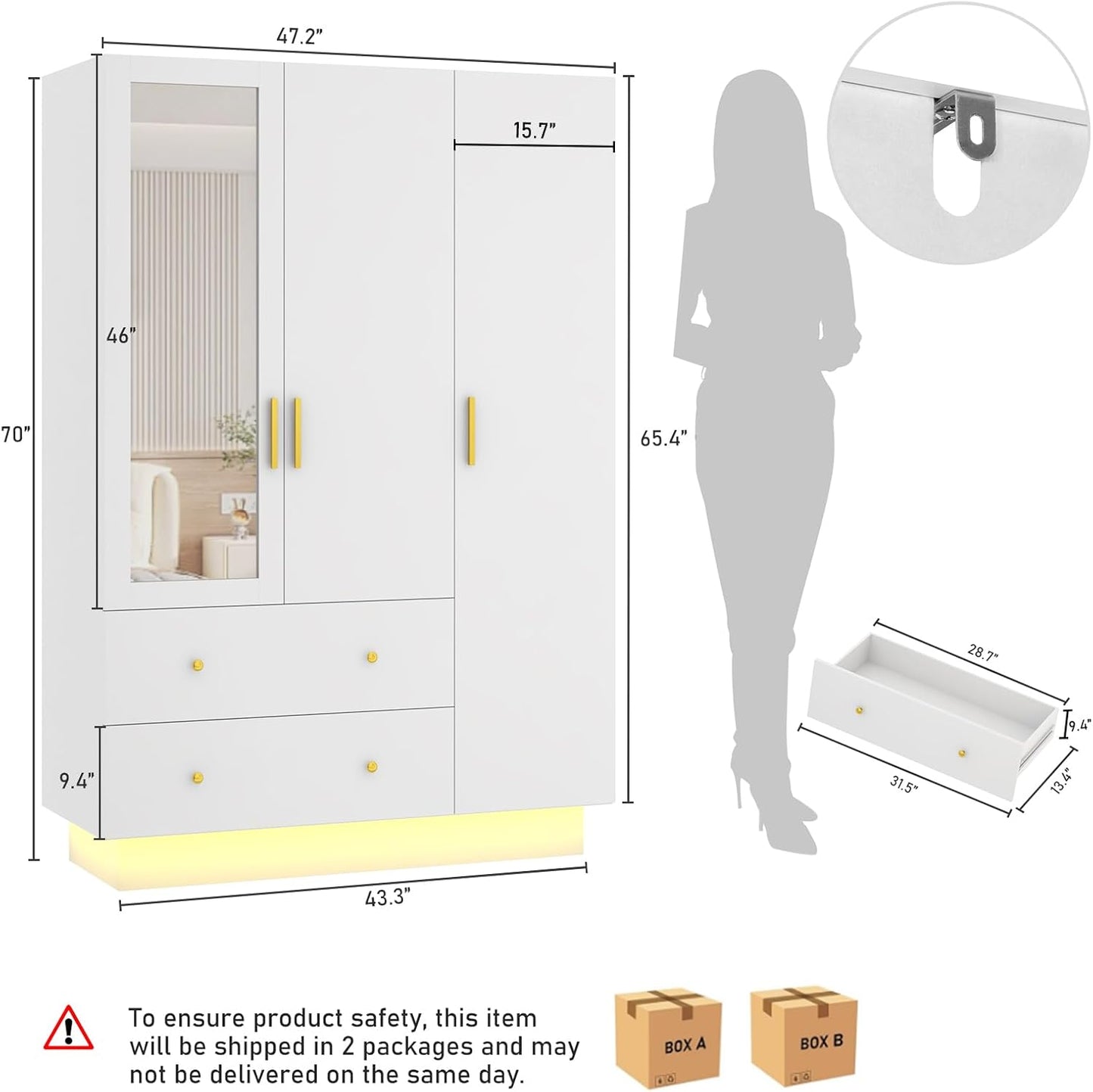 3 Doors Armoire Wardrobe Closet with Mirror, LED Armoire with Doors and Drawers, Wooden Wardrobe Storage Cabinet with Hanging Rod, Adjustable Shelves, White