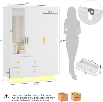 3 Doors Armoire Wardrobe Closet with Mirror, LED Armoire with Doors and Drawers, Wooden Wardrobe Storage Cabinet with Hanging Rod, Adjustable Shelves, White