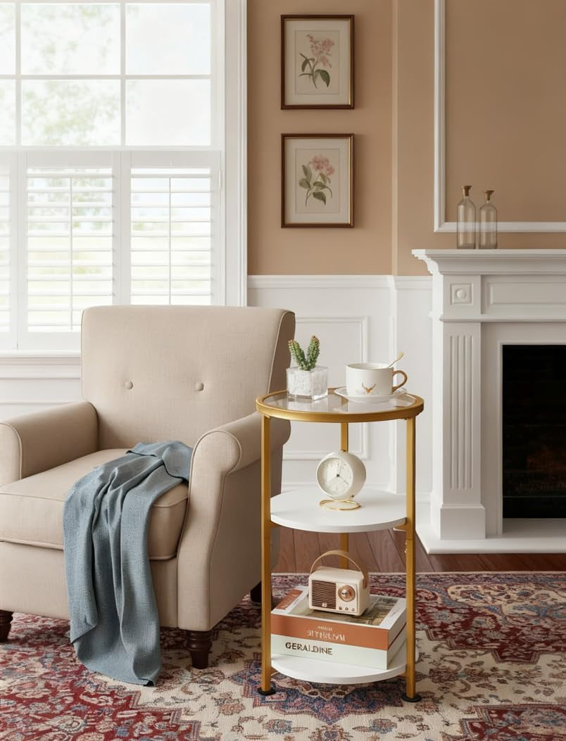 Glass Side Table, Tempered Glass Small round Side Table with 3-Tier Storage Shelves for Small Spaces, Modern Glass round End Table for Living Room, Bedside Nightstand for Bedroom (White+Gold)