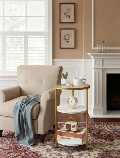 Glass Side Table, Tempered Glass Small round Side Table with 3-Tier Storage Shelves for Small Spaces, Modern Glass round End Table for Living Room, Bedside Table Nightstand for Bedroom (White)