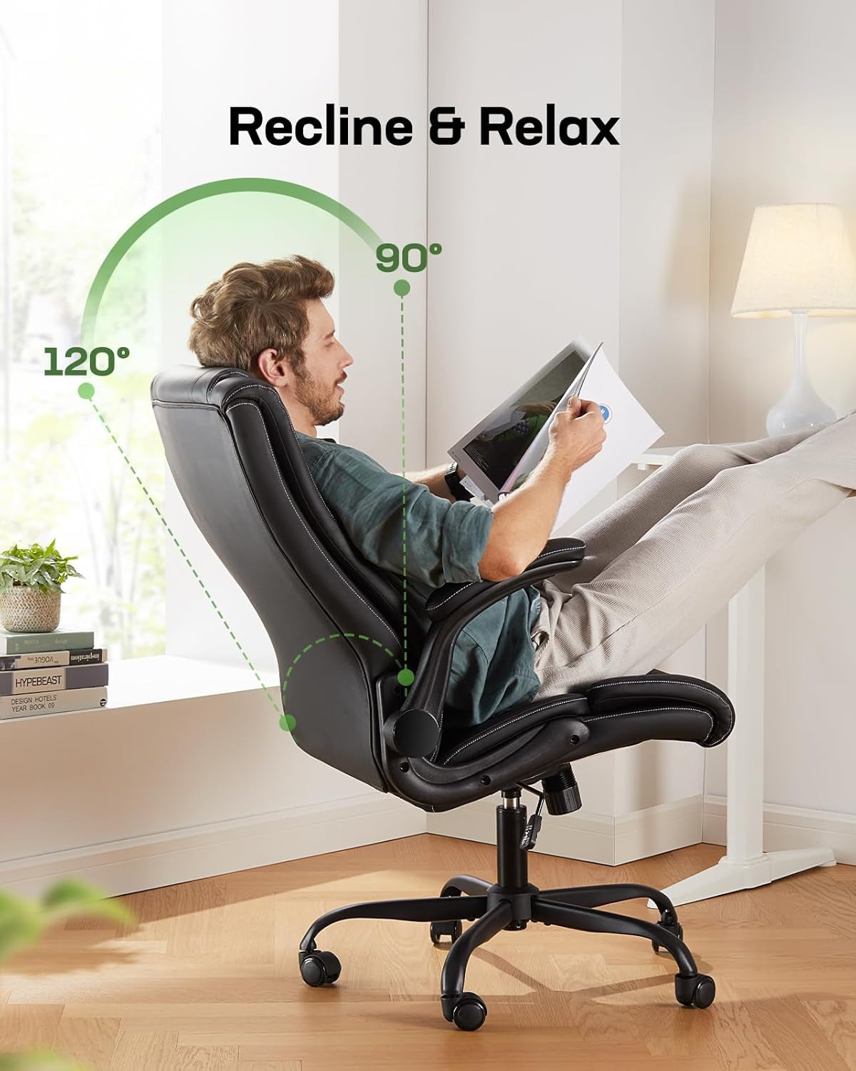 Executive Office Chair with Flip-Up Armrests,Pu Leather Ergonomic Desk Chair Height-Adjustable Swivel Rolling Computer Desk Chair,Black