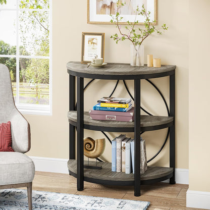 Half round End Table for Living Room Set of 2, 3-Tier Half Side Table with Metal Frame, Industrial Half Moon Table with Storage Shelves for Entryway, Bedroom, Grey
