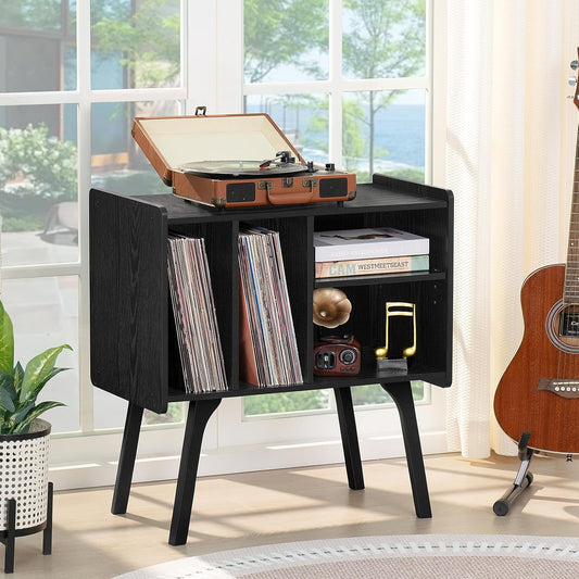 Record Player Stand,Vinyl Record Storage Table with 4 Cabinet up to 120 Albums,Mid-Century Turntable Stand with Wood Legs,Black Vinyl Holder Display Shelf for Bedroom Living Room