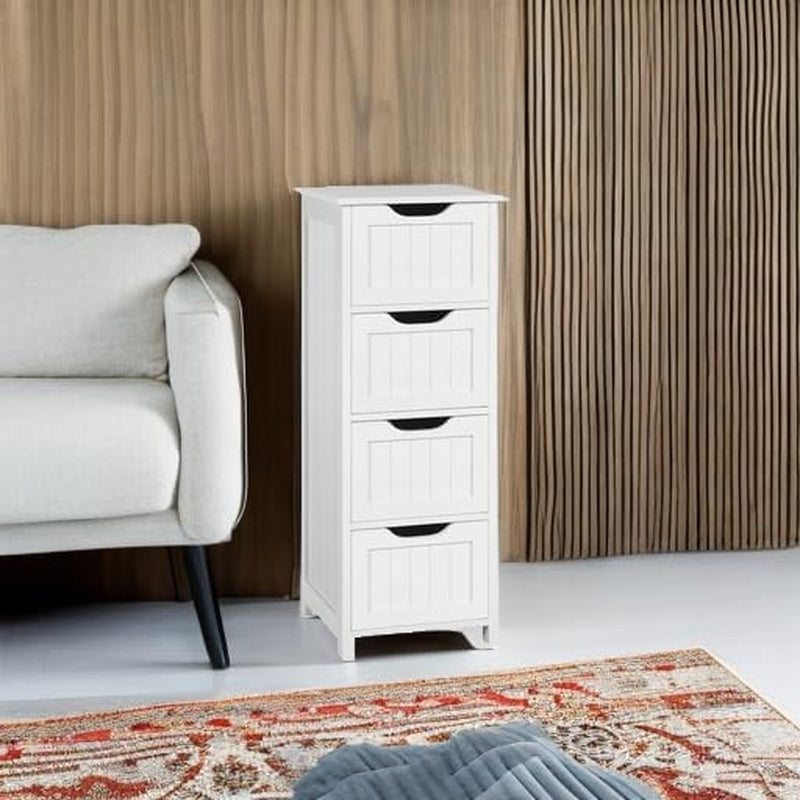Bathroom Floor Cabinet, Wooden Side Storage Organizer, 4 Drawers Free-Standing Cabinet for Bathroom/Hallway/Living Room, White