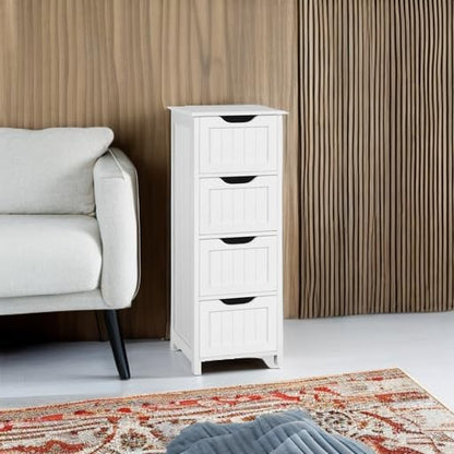 Bathroom Floor Cabinet, Wooden Side Storage Organizer, 4 Drawers Free-Standing Cabinet for Bathroom/Hallway/Living Room, White