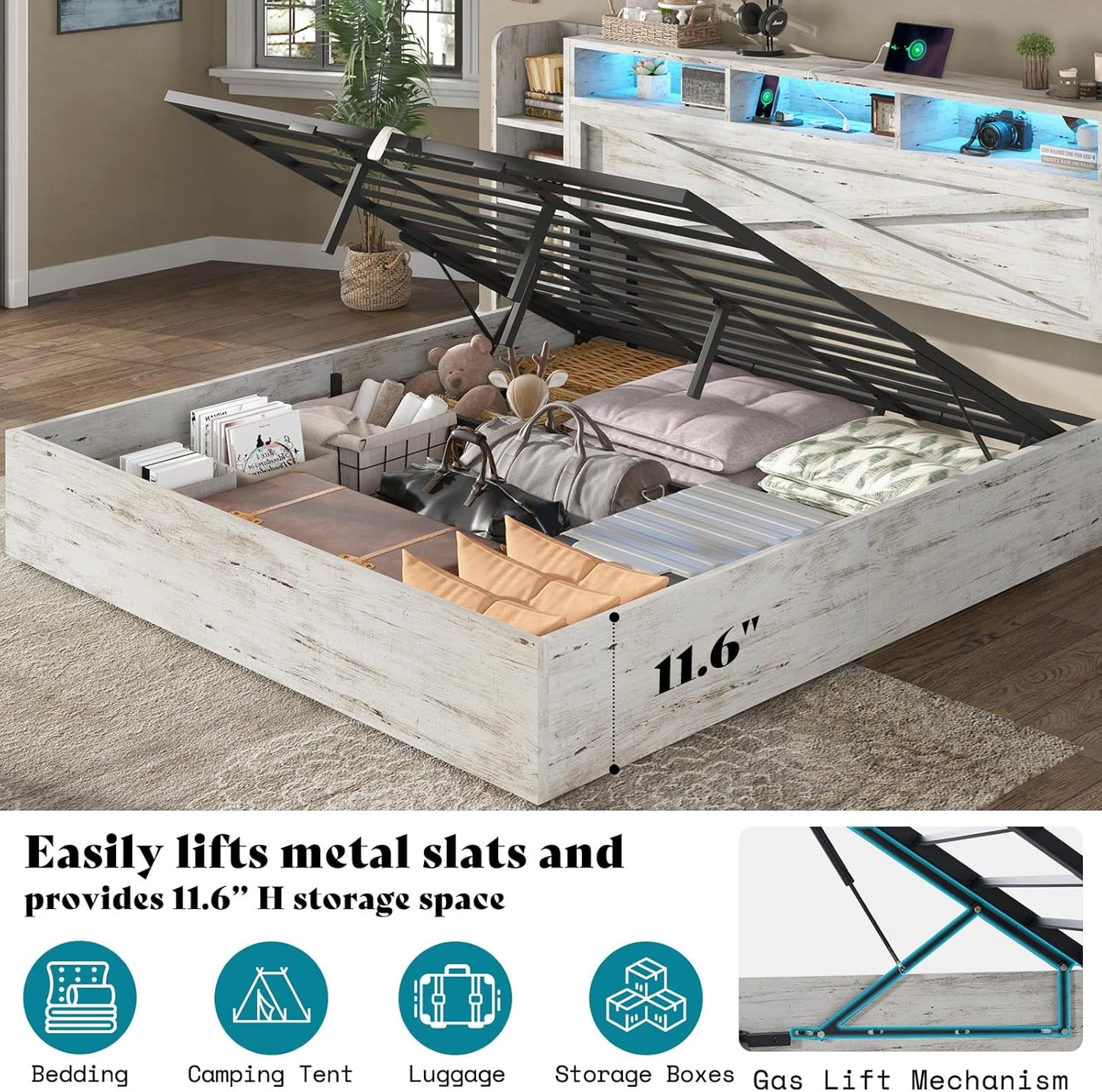 King Size Lift up Storage Bed Frame, 45.1" LED Bed Frame with 2 Side Shelves & Bookcase Headboard, Farmhouse Wood Platform Bed with Charging Station, No Box Spring Needed, Distressed White