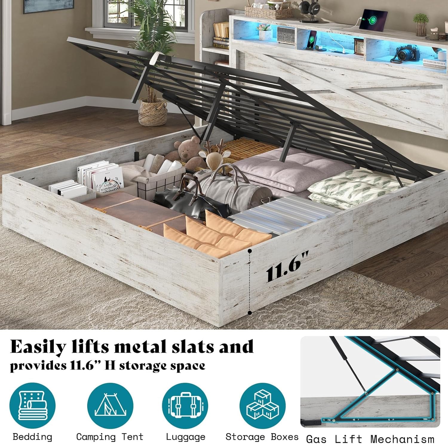 King Size Lift up Storage Bed Frame, 45.1" LED Bed Frame with 2 Side Shelves & Bookcase Headboard, Farmhouse Wood Platform Bed with Charging Station, No Box Spring Needed, Distressed White