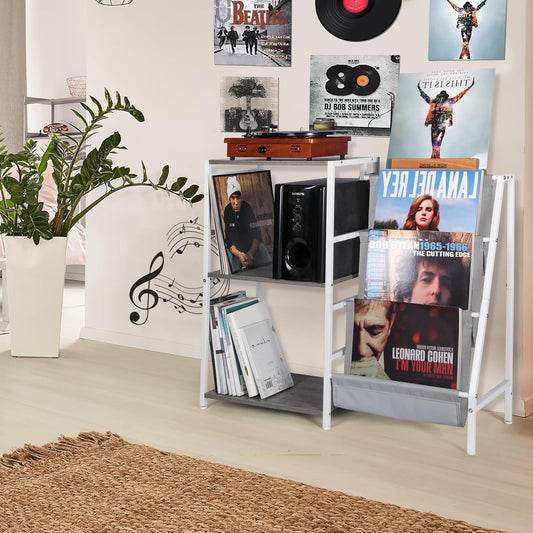 Record Player Stand, 3-Tier Vinyl Record Storage, Turntable Stand with Now Playing Holder, Vinyl Display for Living Room, Grey & White
