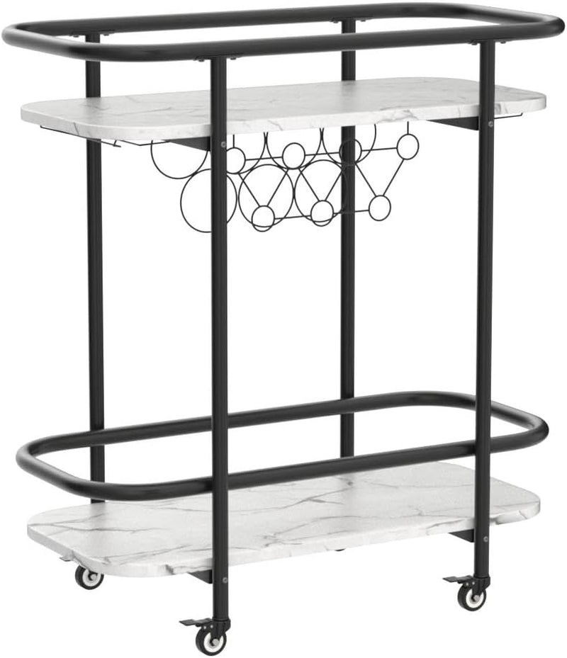Black Home Bar Cart on Wheels, Mobile Serving Wine Cart with Glass Holder and Wine Rack, Modern Rolling Drink Trolley for Coffee Tea Wine, Beverage Bar Cart for Dinning Room Kitchen Party Black