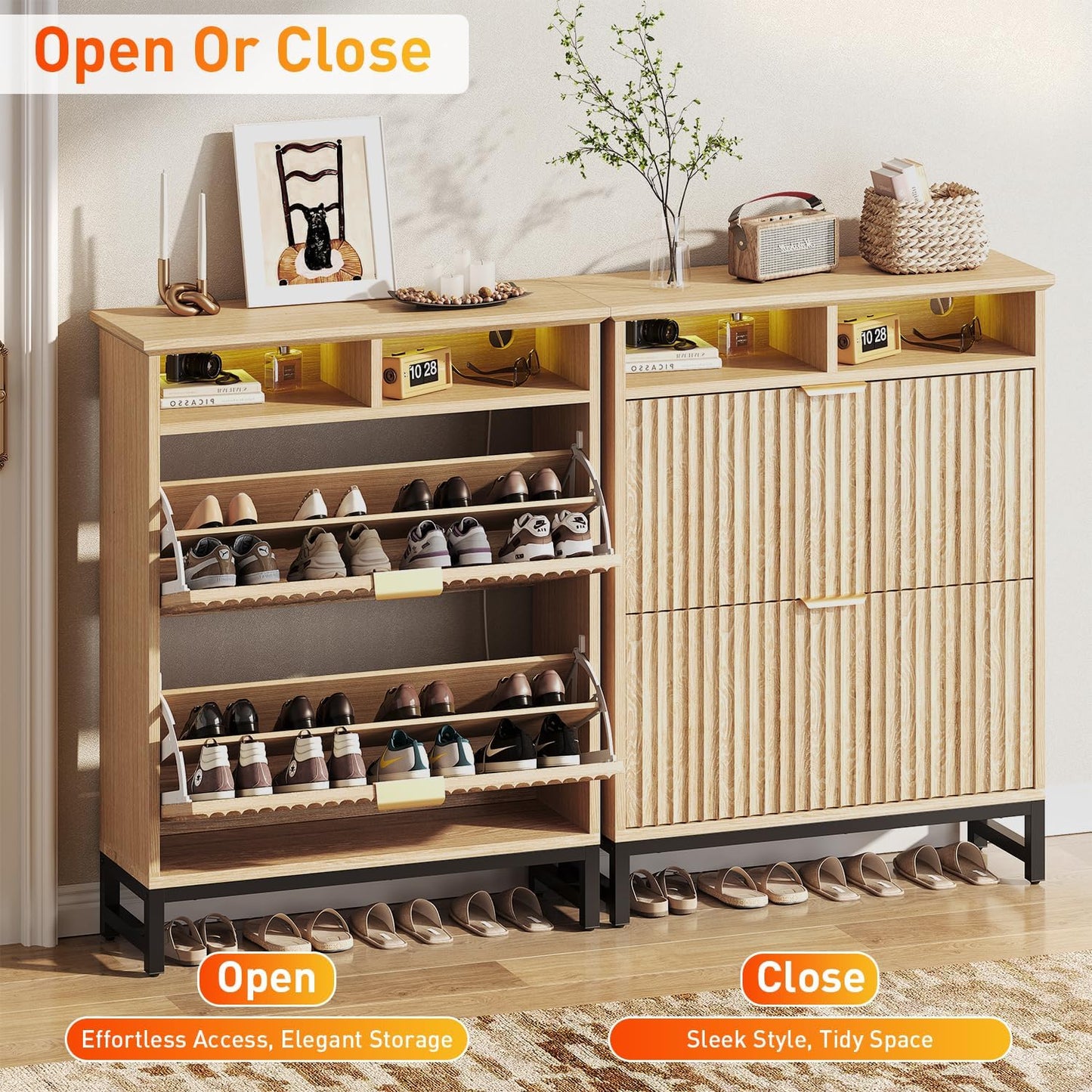 Fluted Shoe Storage Cabinet with 4 Flip Drawers, 47.24" Narrow Shoe Organizer Cabinet with LED Light, Slim Freestanding Shoe Rack Cabinet, Wooden Hidden Shoe Cabinet for Entryway, Hallway(Natural Oak)
