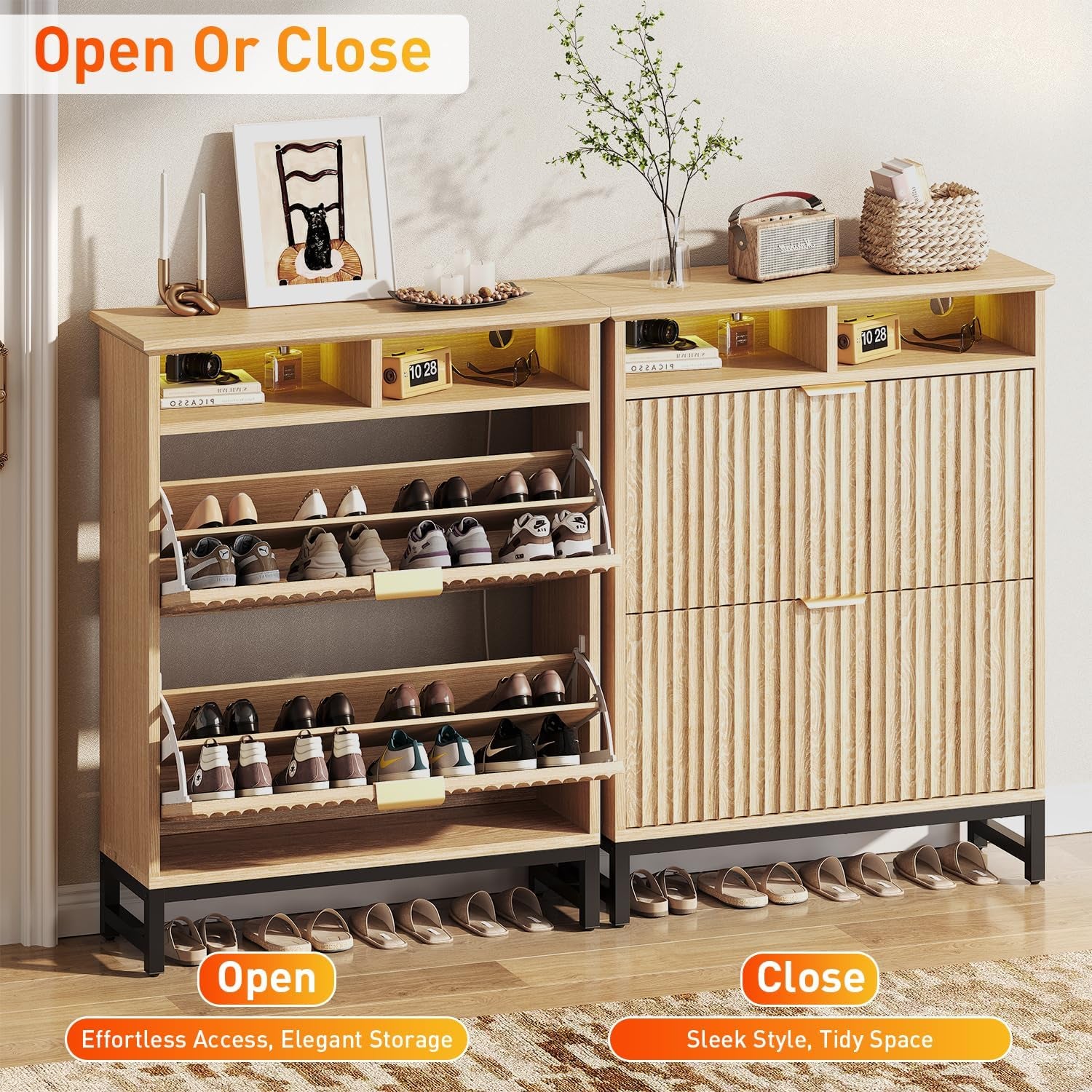 Fluted Shoe Storage Cabinet with 4 Flip Drawers, 47.24" Narrow Shoe Organizer Cabinet with LED Light, Slim Freestanding Shoe Rack Cabinet, Wooden Hidden Shoe Cabinet for Entryway, Hallway(Natural Oak)