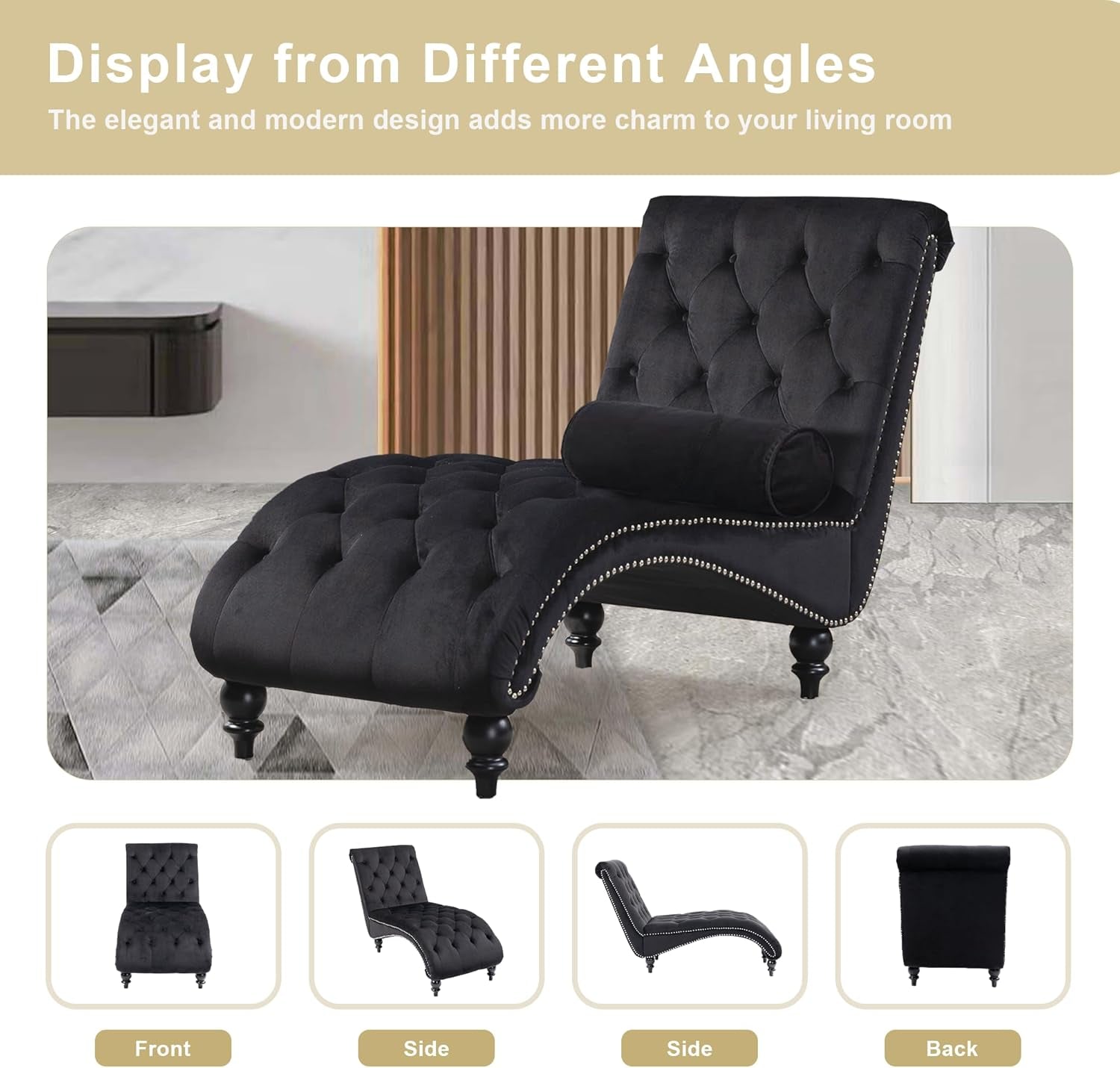 Chaise Lounge Indoor,Velvet Upholstered Lounge Chair Button-Tufted Armless Chair with Pillow, for Bedroom Living Room Office Modern Backrest Leisure Recliner Sleep Sofa,Black