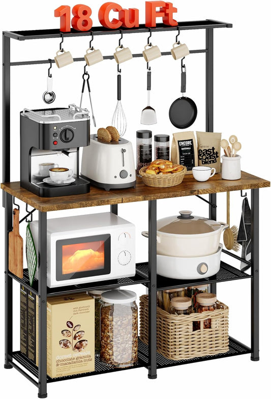Coffee Bar, Bakers Rack with Storage, 34.3 Inches Microwave Stand, 4 Tier Kitchen Shelves Appliance Storage, 14 S Hooks Large Coffee Station for Spices, Pots and Pans, Rustic Brown