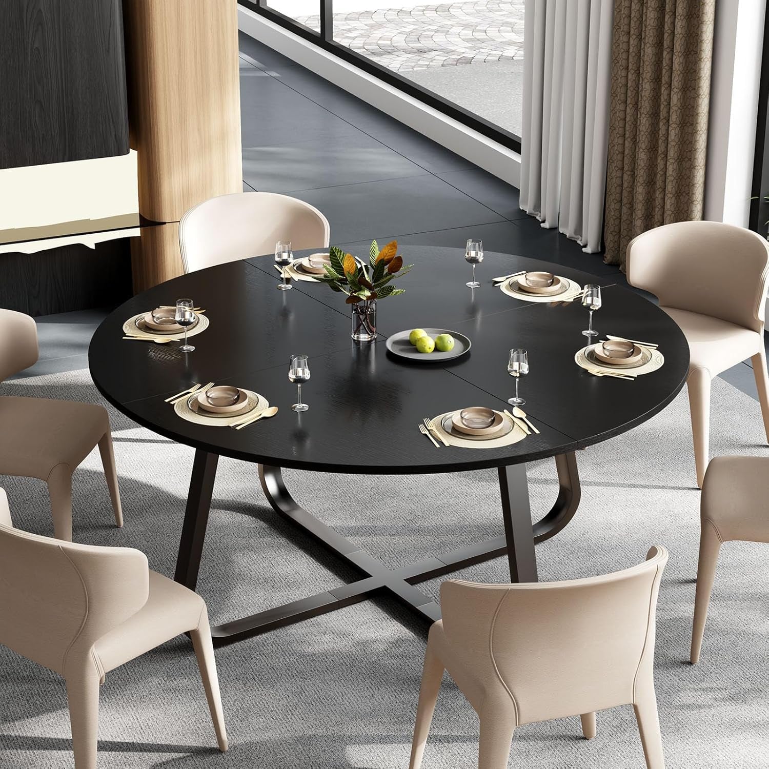 Black round Dining Table, Modern Wood Metal Kitchen Table, Industrial Small Dinner Room for 4 to 6 People, Circle Coffee Dining Room for Home Kitchen Living Room, Black Oak, 51 Inch