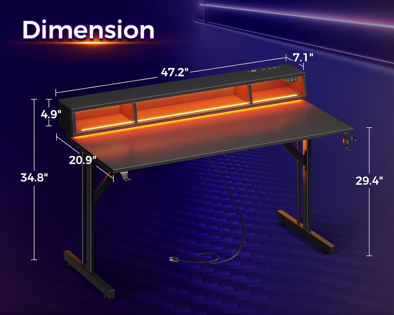 48 Inch Gaming Desk with LED Lights & Power Outlets, Small Computer Gaming Table with Float Monitor Stand, Kids Boys Desk with Carbon Fiber Texture