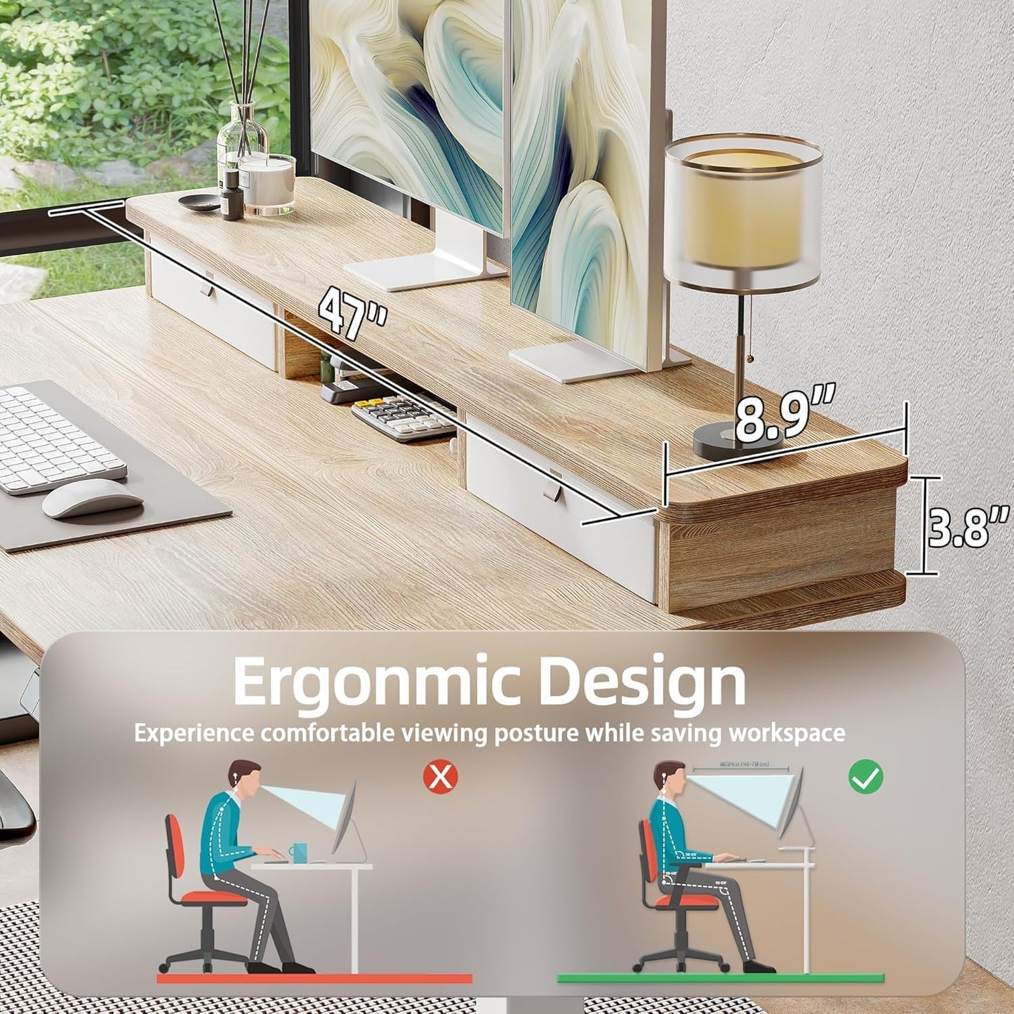 Standing Desk with Two Drawers, Stand up Standing Desk Adjustable Height, Electric Sit Stand Table with Storage Shelf and Splice Board, 48 * 24 Inch, Maple