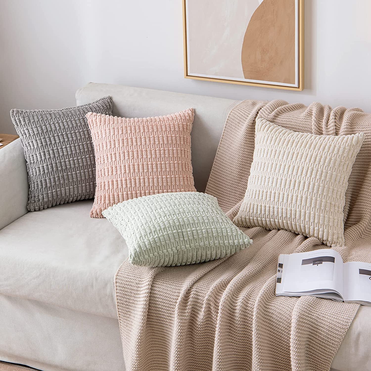 Pack of 2 Corduroy Decorative Throw Pillow Covers 18X18 Inch Soft Boho Striped Pillow Covers Modern Farmhouse Home Decor for Sofa Living Room Couch Bed Cream White