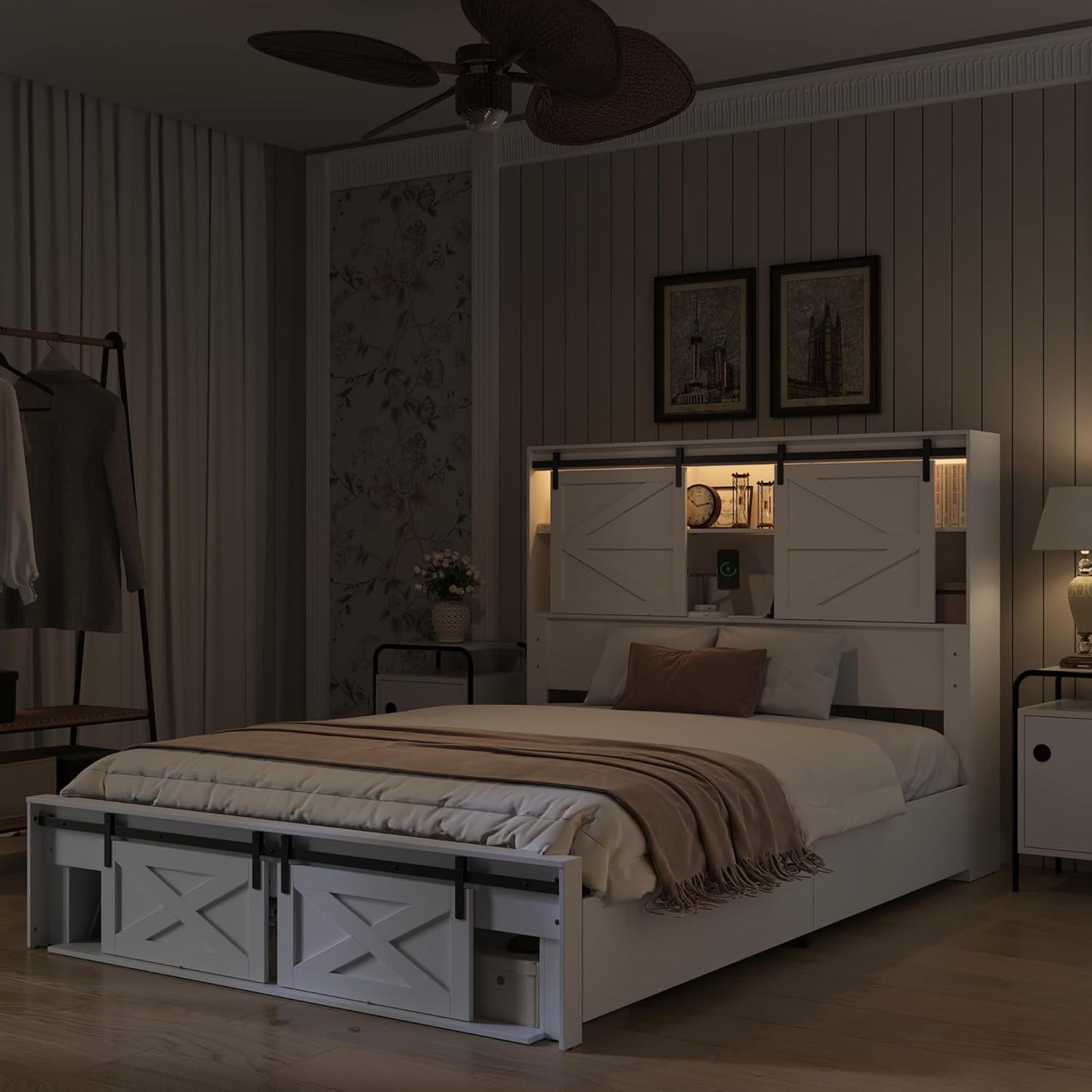 Queen Farmhouse Bed Frame with Charging Station, LED Lights, Storage Headboard & Footboard, Platform Bed Frame with 4 Rolling Drawers & Sliding Barn Door, No Box Spring Needed, White