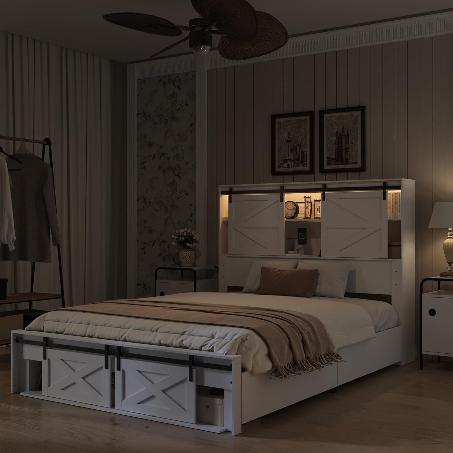 Queen Farmhouse Bed Frame with Charging Station, LED Lights, Storage Headboard & Footboard, Platform Bed Frame with 4 Rolling Drawers & Sliding Barn Door, No Box Spring Needed, White